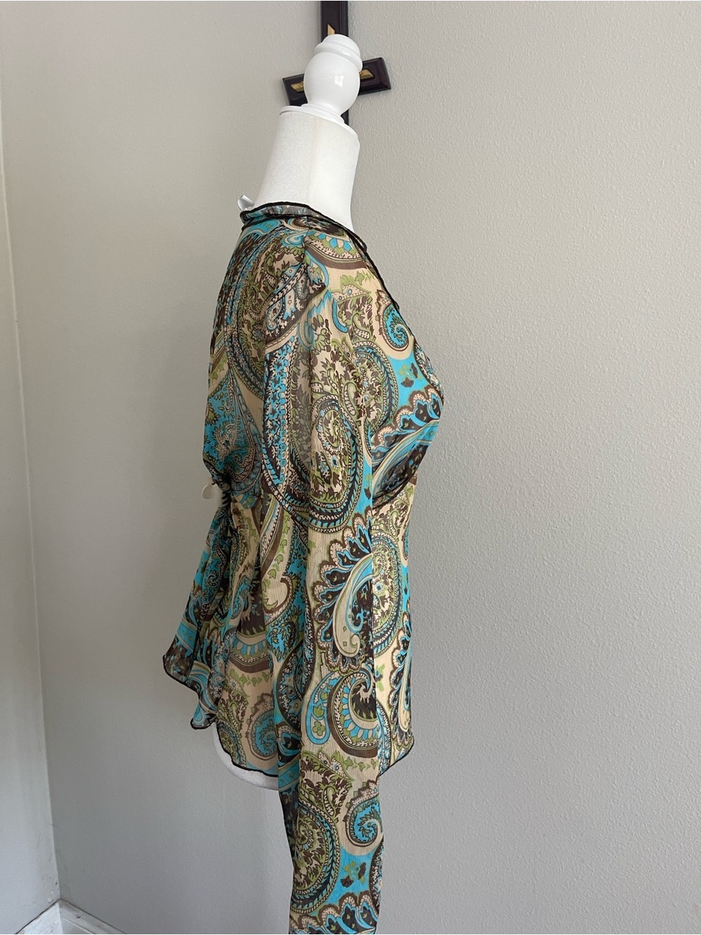 Apt. 9 Teal and Brown Paisley Sheer Ruffle V-Neck Blouse - Picture 4 of 7
